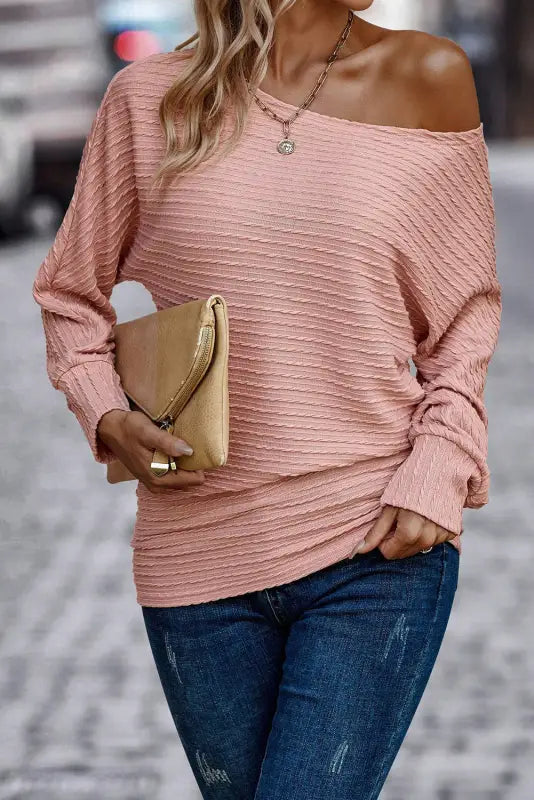 Asymmetric neck ribbed knit top - long sleeve tops