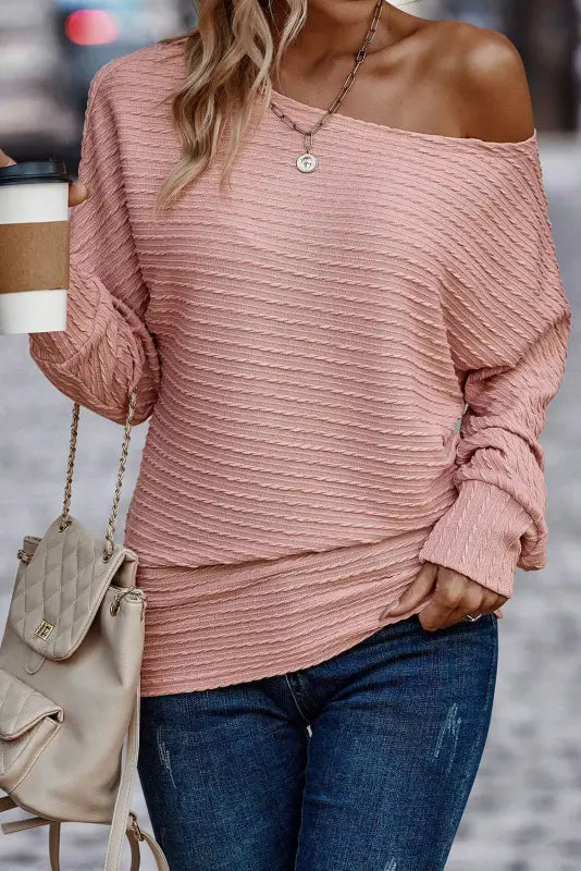 Asymmetric neck ribbed knit top - long sleeve tops