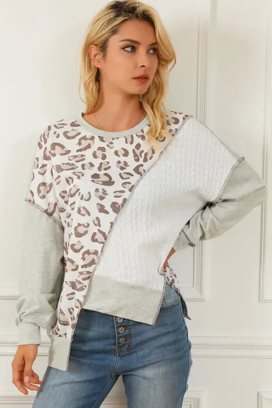 Asymmetrical leopard texture splicing loose sweatshirt - tops