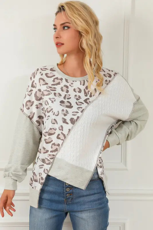 Asymmetrical leopard texture splicing loose sweatshirt - tops