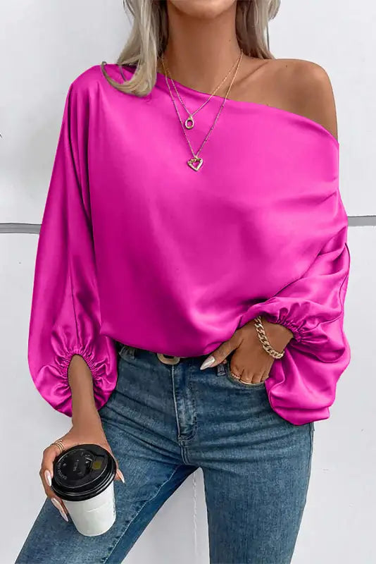 Bright pink asymmetrical neck balloon sleeve satin blouse - blouses & shirts