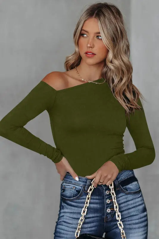 Asymmetrical neckline knit top - tops