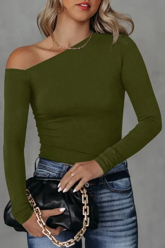 Asymmetrical neckline knit top - green / 2xl / 90% polyester + 10% elastane - tops