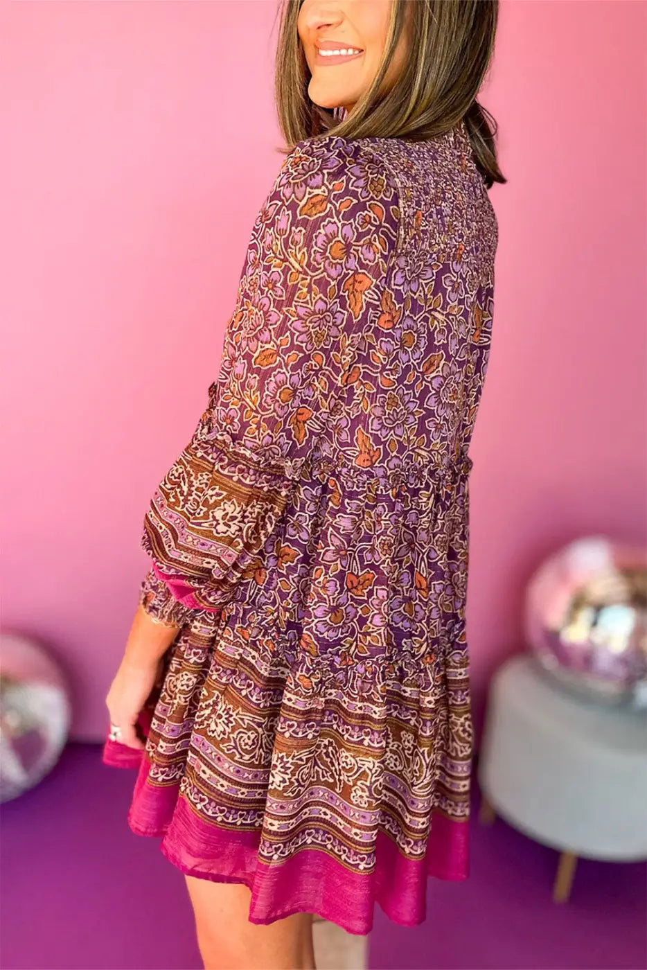 Autumn bloom mini dress: floral bohemian-style in purple, orange, and pink tones. Relax relax