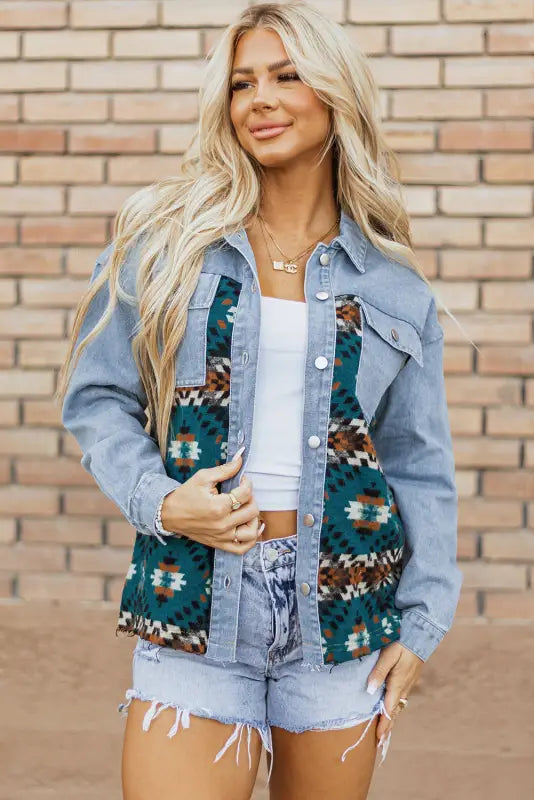 Aztec adventure denim jacket - blue / s / 85% cotton + 15% polyester - jackets