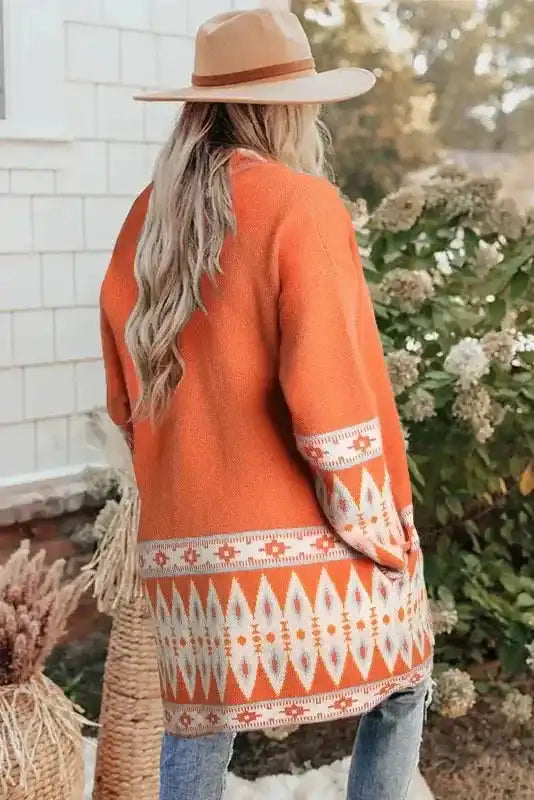 Aztec open front longline cardigan back view — Fashionfitz UK