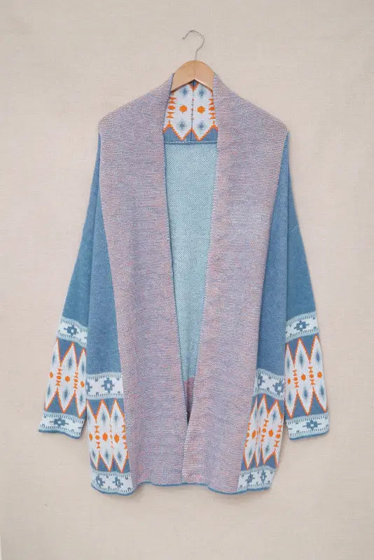 Aztec print open front knitted cardigan - sweaters &