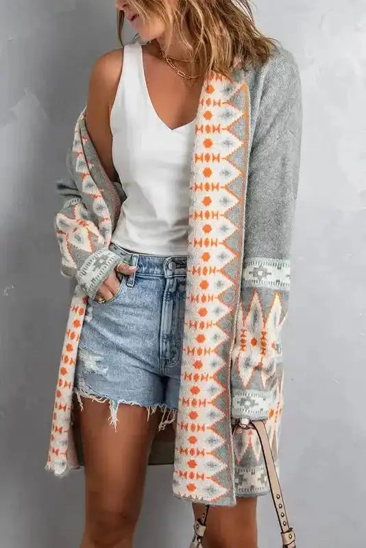 Aztec Open Front Knitted Cardigan - Fashionfitz