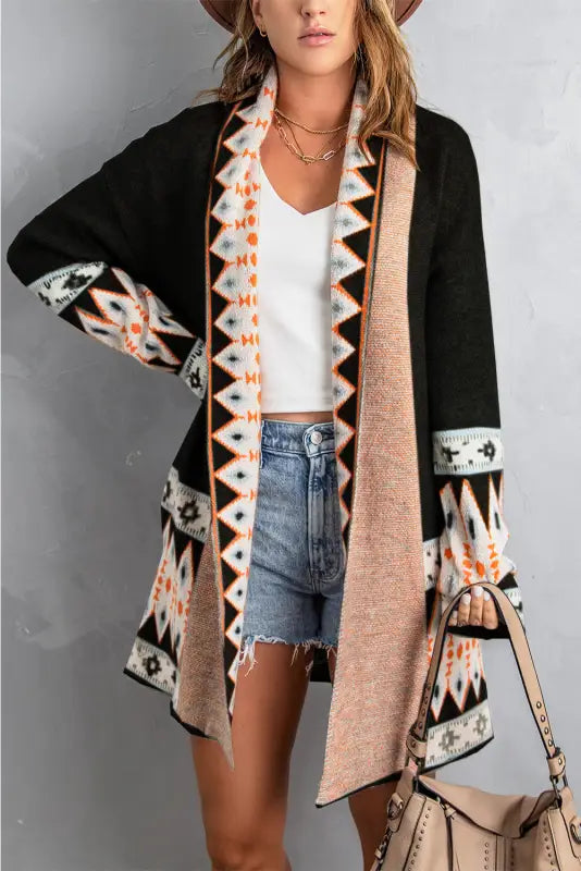 Aztec print open front knitted cardigan - sweaters &