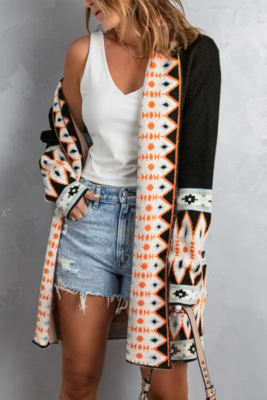 Aztec print open front knitted cardigan - sweaters &