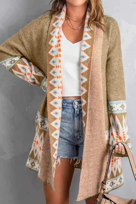 Aztec print open front knitted cardigan - sweaters &