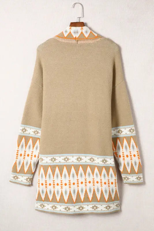 Aztec print open front knitted cardigan - sweaters &