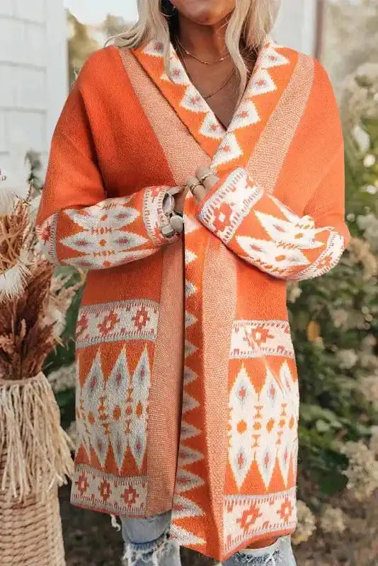 Aztec open front longline knit cardigan front view — Fashionfitz UK