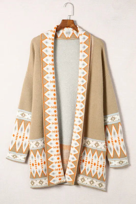 Aztec print open front knitted cardigan - sweaters &