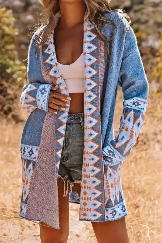 Aztec Open Front Knitted Cardigan - Fashionfitz
