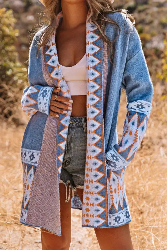 Aztec print open front knitted cardigan - sweaters &