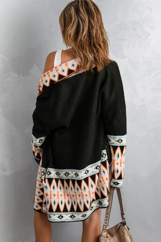 Aztec print open front knitted cardigan - sweaters &