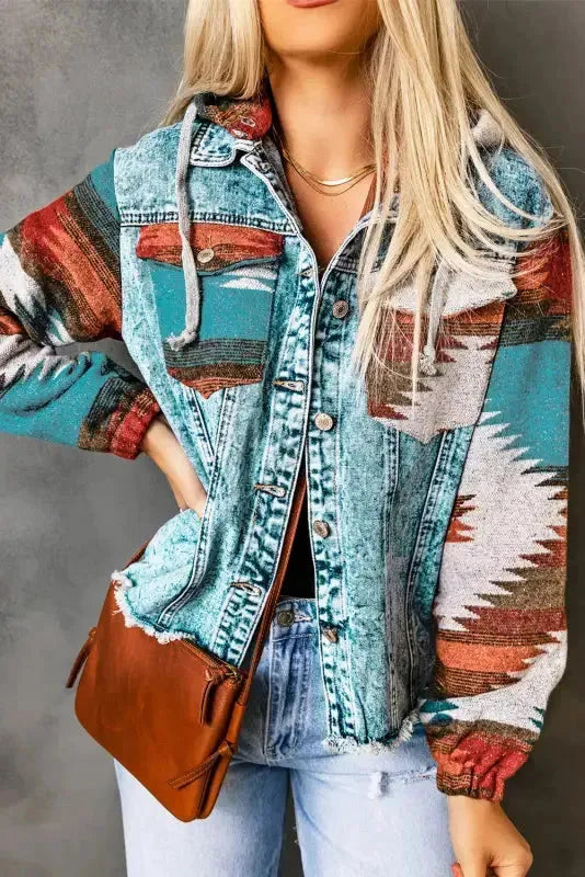 Aztec Print Frayed Hem Denim Jacket - Fashionfitz