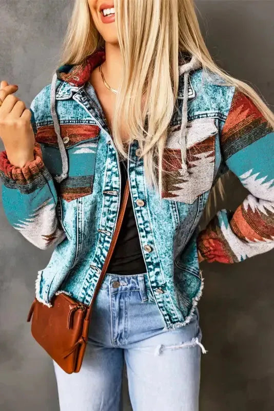 Aztec Print Frayed Hem Denim Jacket - Fashionfitz