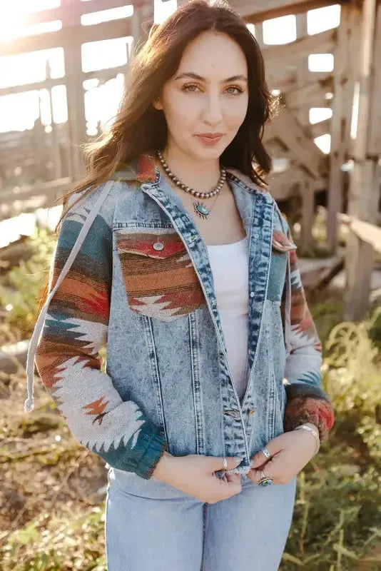 Aztec Print Frayed Hem Denim Jacket - Fashionfitz