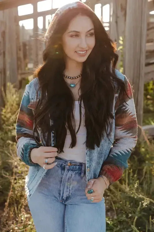 Aztec Print Frayed Hem Denim Jacket - Fashionfitz