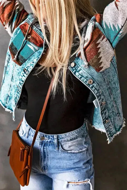 Aztec Print Frayed Hem Denim Jacket - Fashionfitz