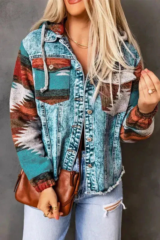 Aztec Print Frayed Hem Denim Jacket - Fashionfitz