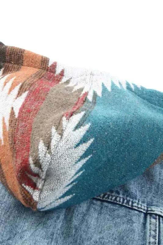 Aztec Print Frayed Hem Denim Jacket - Fashionfitz