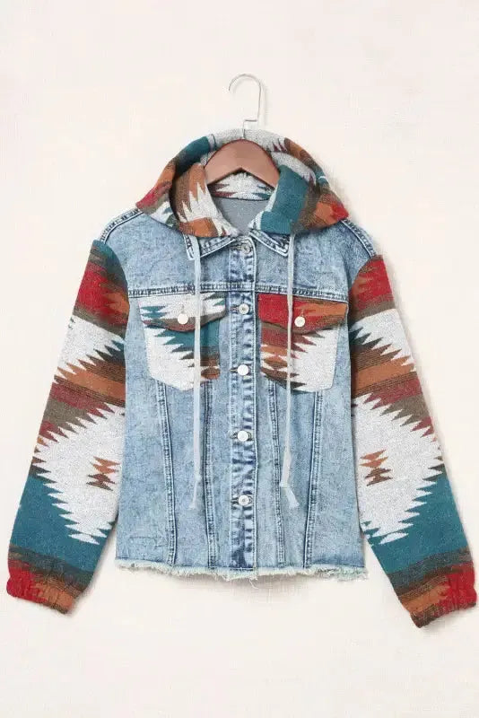 Aztec Print Frayed Hem Denim Jacket - Fashionfitz