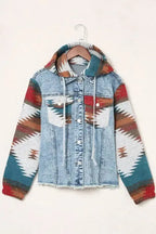 Aztec Print Frayed Hem Denim Jacket - Fashionfitz