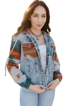 Aztec Print Frayed Hem Denim Jacket - Fashionfitz