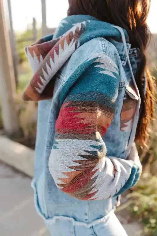 Aztec Print Frayed Hem Denim Jacket - Fashionfitz
