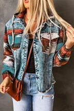 Aztec Print Frayed Hem Denim Jacket - Fashionfitz