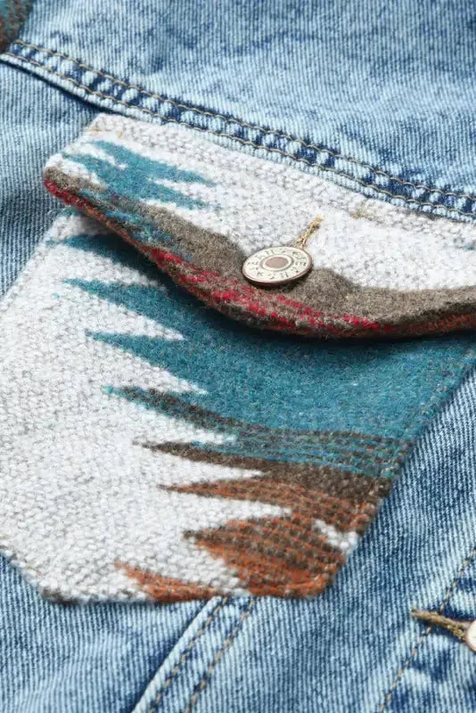 Aztec Print Frayed Hem Denim Jacket - Fashionfitz