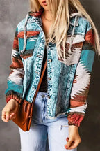 Aztec Print Frayed Hem Denim Jacket - Fashionfitz