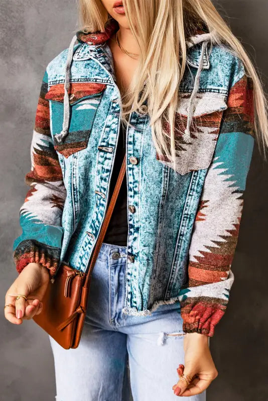 Aztec print frayed hem denim jacket | fashionfitz