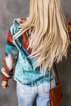 Aztec Print Frayed Hem Denim Jacket - Fashionfitz