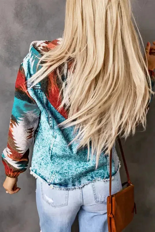 Aztec Print Frayed Hem Denim Jacket - Fashionfitz