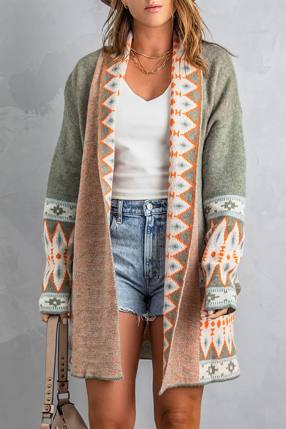 Aztec print open front knitted cardigan - green / l 48% acrylic + 28% nylon + 24% rayon sweaters & cardigans