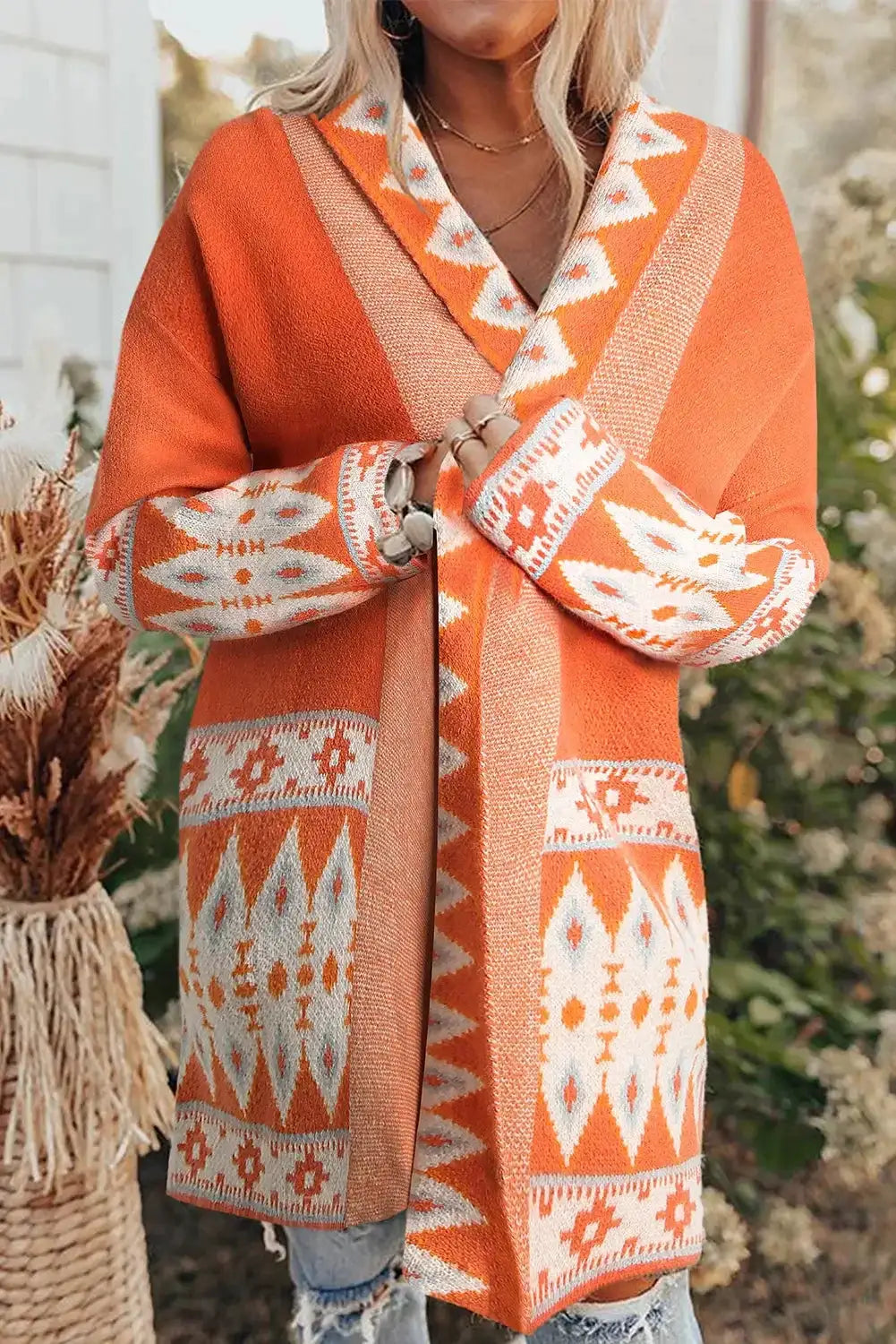 Aztec print open front knitted cardigan - orange printed / l 48% acrylic + 28% nylon + 24% rayon sweaters & cardigans