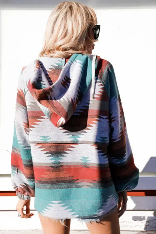 Multicolor aztec print zipped split neck hoodie - sweatshirts & hoodies