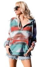 Aztec Print Zipped-Neck Hoodie - Fashionfitz