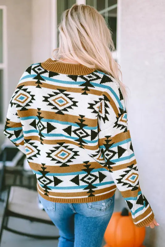 Brown aztec striped knit ribbed trim sweater - sweaters & cardigans