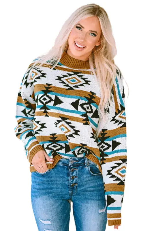 Brown aztec striped knit ribbed trim sweater - sweaters & cardigans