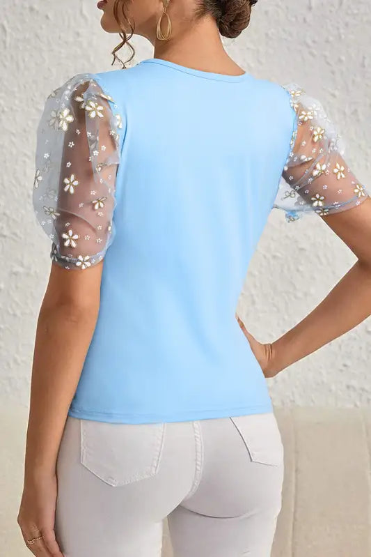 Azure bloom mesh sleeve top - elegant spring style by fashionfitz