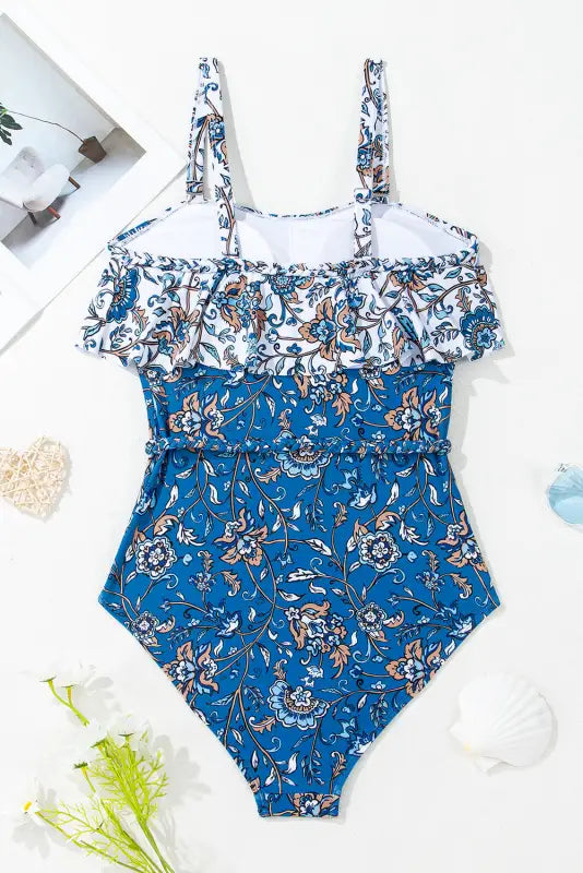 Sky blue floral one-piece swimsuit with removable ruffle straps