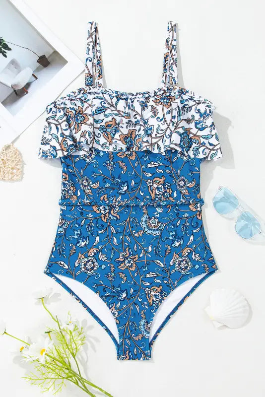 Sky blue floral one-piece swimsuit with removable ruffle straps