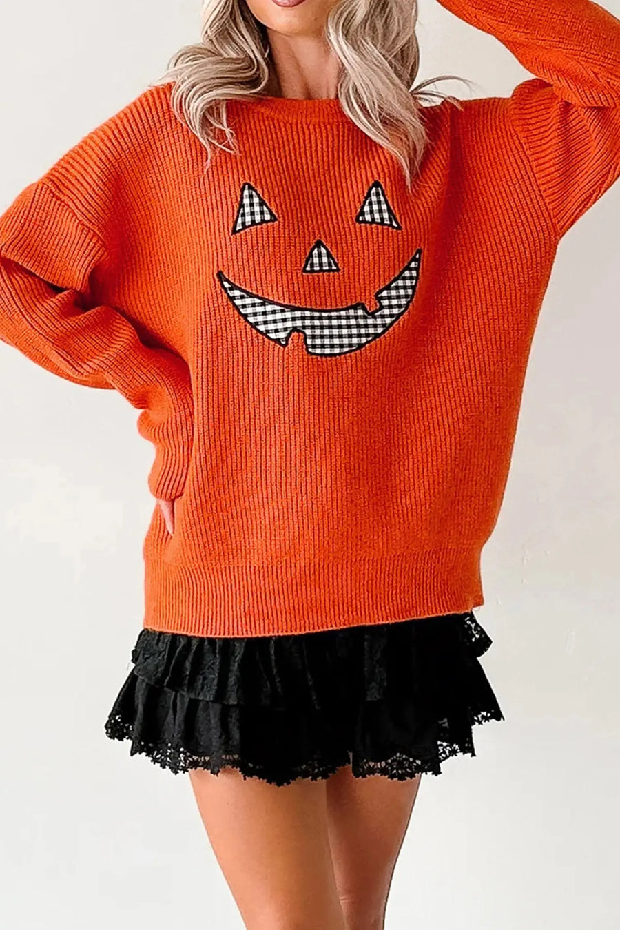 Halloween Drop Shoulder Round Neck Sweater — angled view | Fashionfitz UK