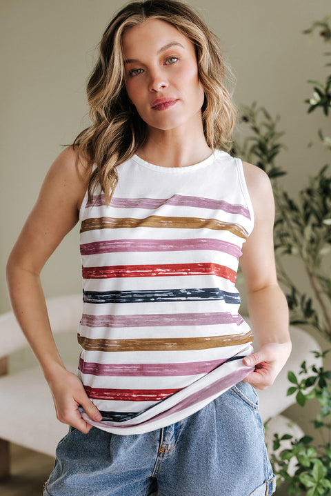 Red Stripe Rainbow Round Neck Tank Top Women UK