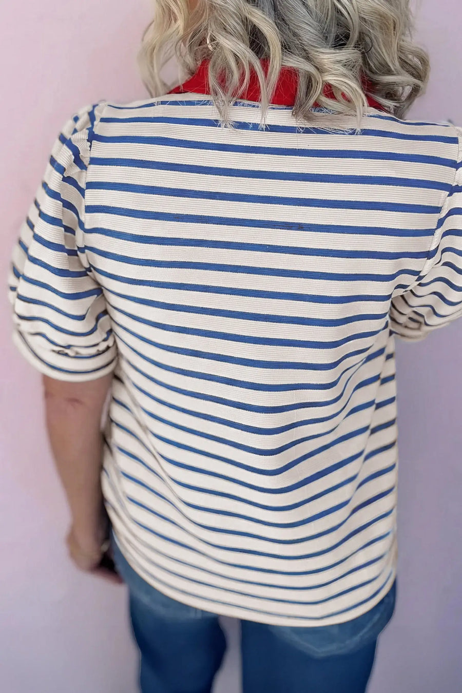 Women's striped puff sleeve polo blouse UK — smart casual summer styling
